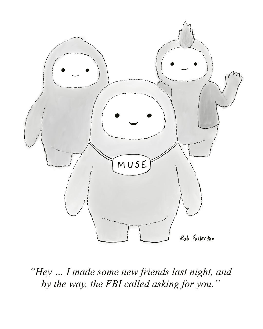 A cartoon of the Meta Muse agent and his new friends by Rob Fullerton