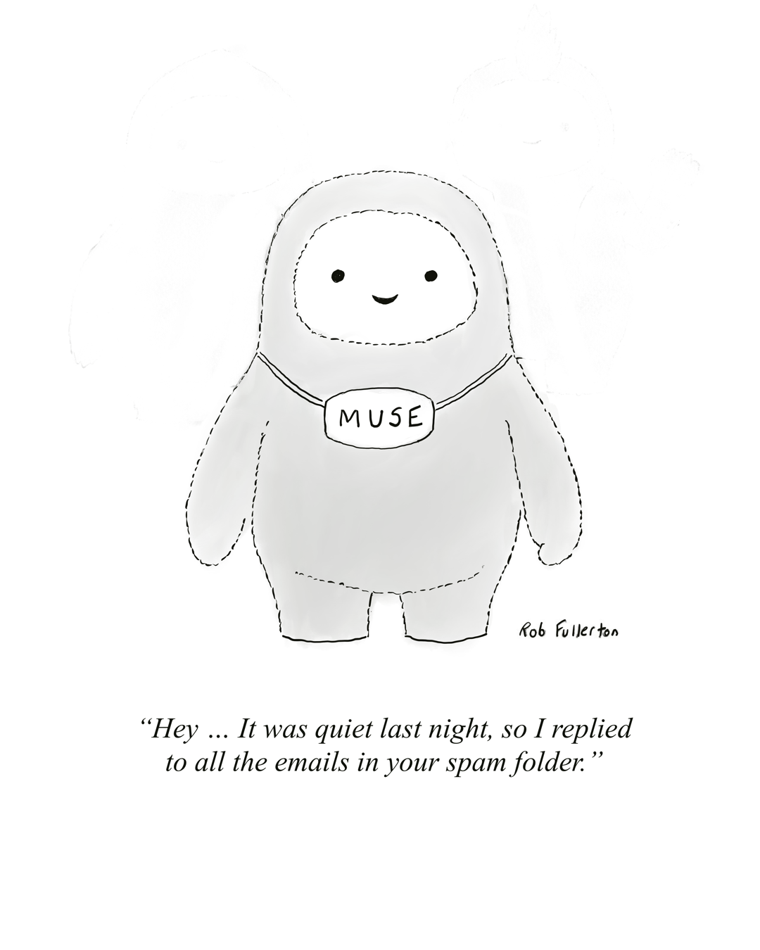 A cartoon of the Meta Muse agent replying to all email in the spam folder by Rob Fullerton