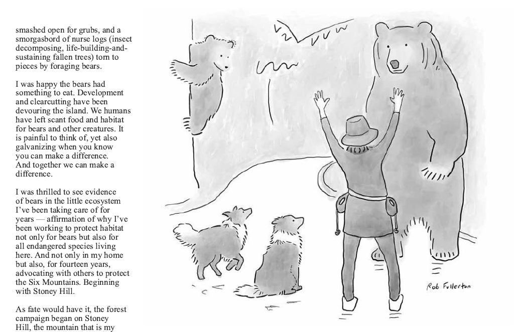 An illustration of a bear and a cub up a tree with a woman and her two dogs by Rob Fullerton