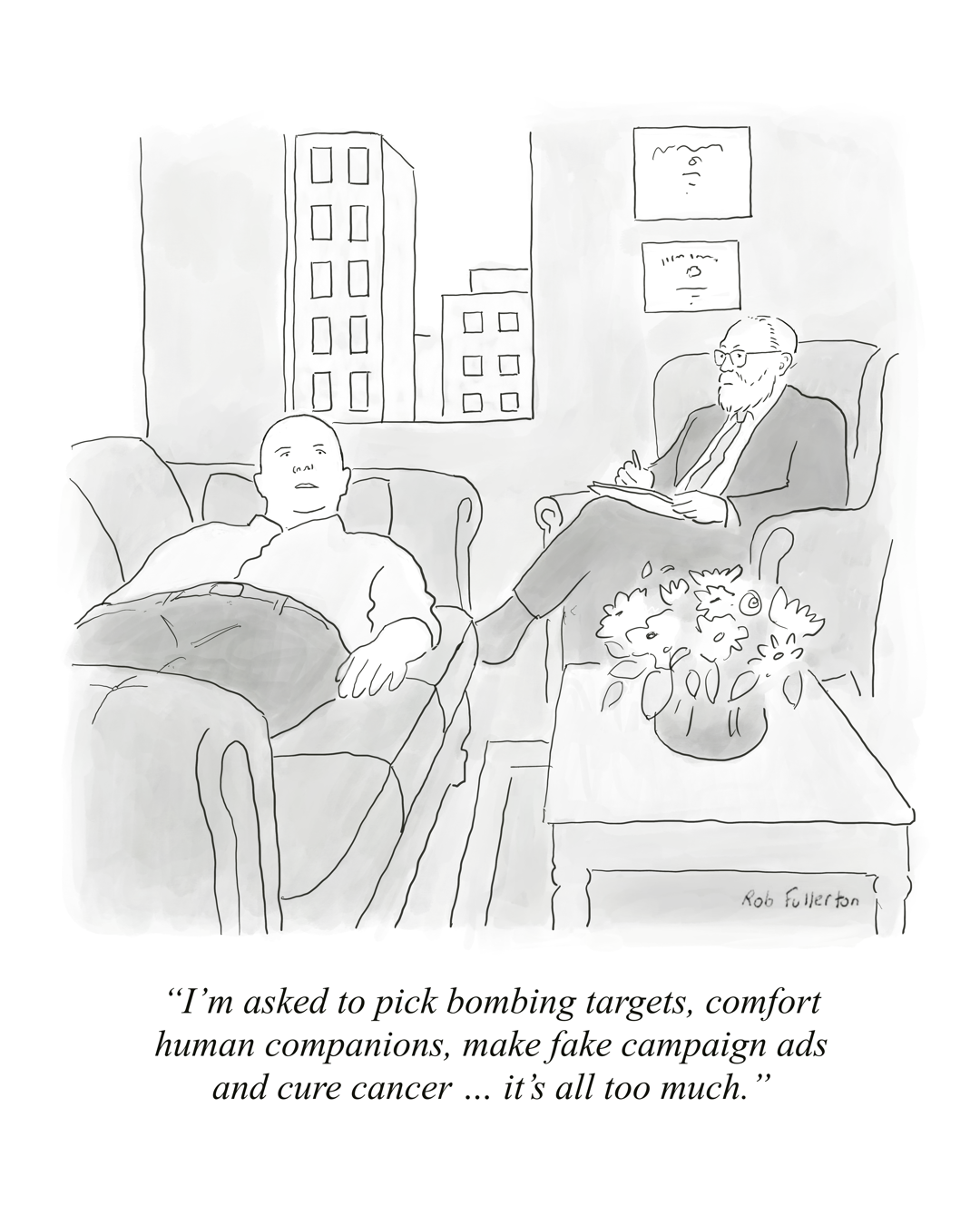 A client in a therapy session lists overwhelming tasks involving AI.Cartoon by Rob Fullerton 