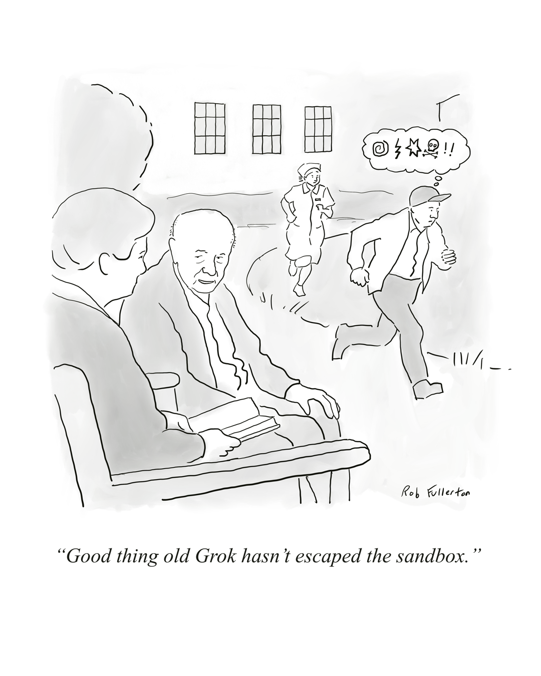 A man runs from an office while others remain seated; the caption jokes that Grok has not escaped the sandbox. Cartoon by Rob Fullerton