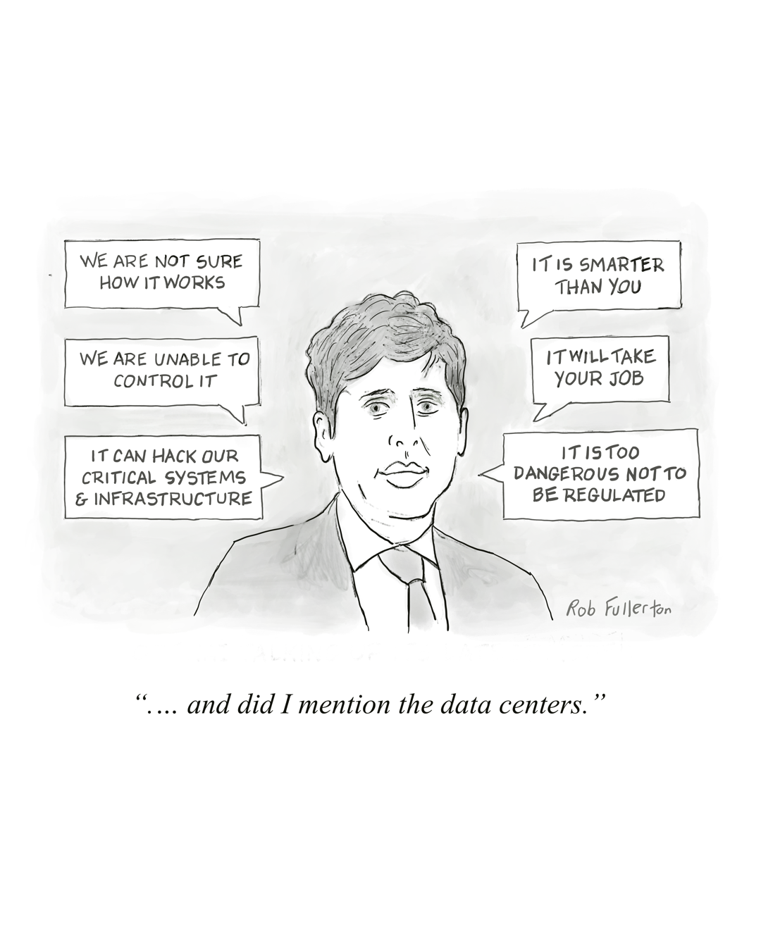 Cartoon of Sam Altman surrounded by claims about AI. Cartoon by Rob Fullerton