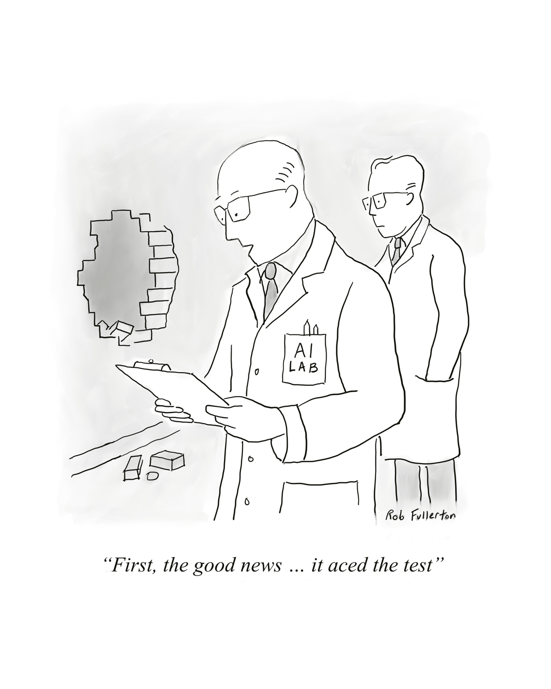 Two AI lab staff inspect test results; the caption says the AI aced the test.